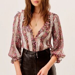 For Love And Lemons Floral Lace Blouse - Pink and White